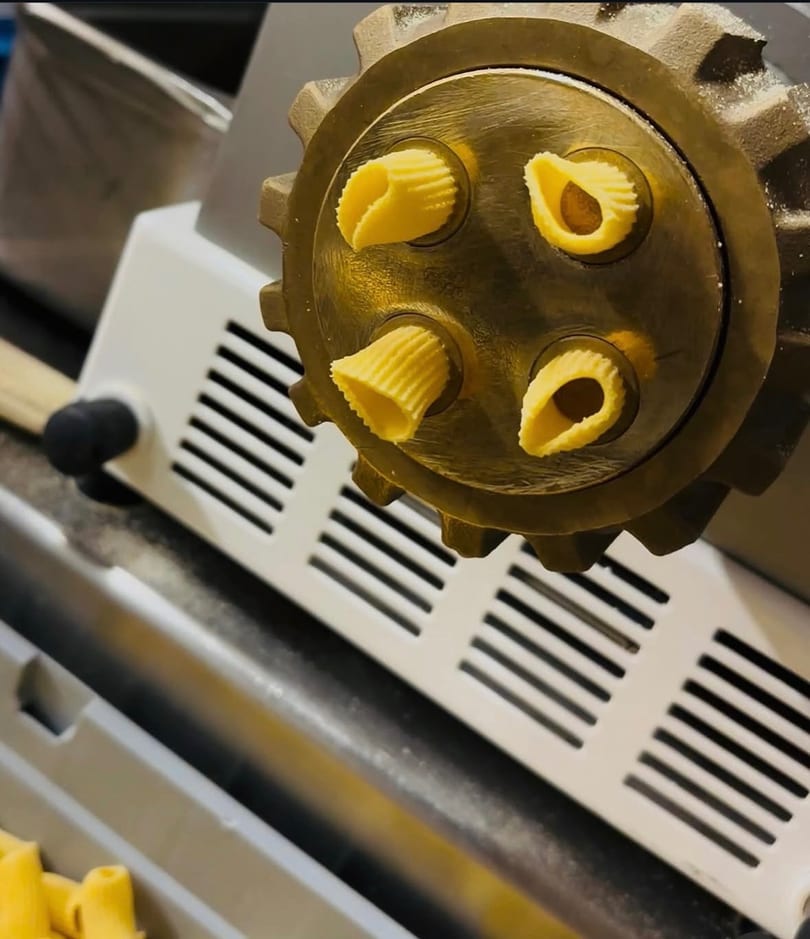 Freshly extruded pasta, shaped like small shells, emerging from a pasta machine.